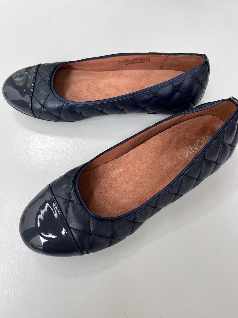 Vionic Navy Quilted Ballet Flat with Patent Cap Toe - Picture 2 of 9